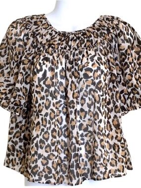 Banana Republic Leopard Print Puff Sleeve Blouse Beige Black Pleated Women’s XS